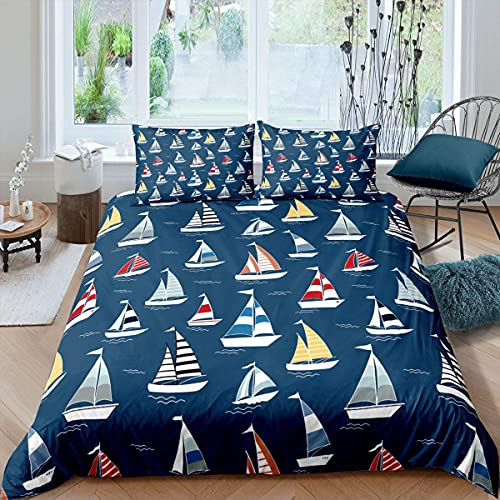 Sailboat Bettbezug, maritimes Thema, Dekor-Bettwäsche-Set mit Cartoon-Boot-Muster, für Jungen, Teenager, Mädchen, Steppdecken-Set mit Reißverschluss, 1 Bettbezug mit 1 Kissenbezug, Einzelgröße