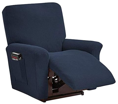 TOPCHANCES Sessel überzug Stretch,Sesselschoner mit Taschen Wohnzimmer,Einfarbig Samt Elastisch Sesselbezug Komplett Sesselbezug,Angepasster für Fernsehsessel Bezug(Marineblau)