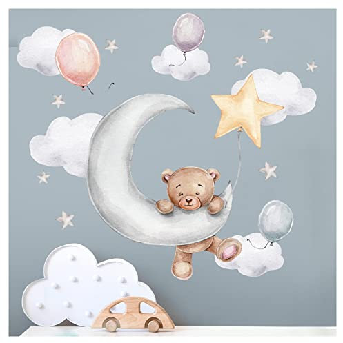 Little Deco Wandtattoo Bär Mond Luftballons Wandsticker Tiere Teddybär Kinderzimmer Wandaufkleber für Babyzimmer Schlafzimmer Deko DL871-5
