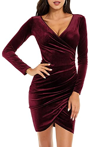 Nadeer Evening Dress Ladies Party Dresses Womens Velvet Wrap V Neck Long Sleeve Ruched Mini Dress Elegant Bodycon Cocktail Midi Dress