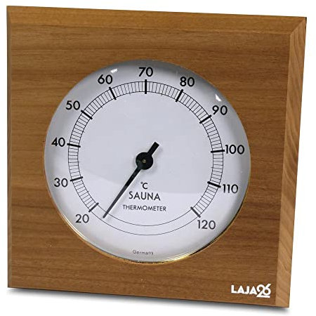 LaJa26 Sauna Thermometer - FSC Thermo-Espenholz - Bimetalltechnik - Analog - Beständig gegen Wärme und Luftfeuchtigkeit - Fertig montiert - Handarbeit Made in Europe