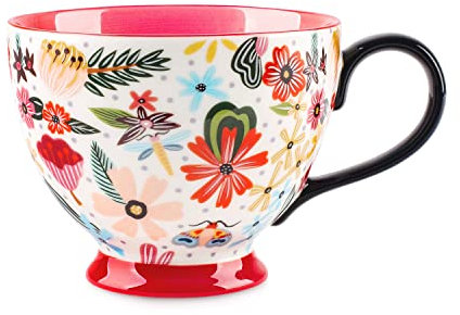 Berry President Handbemalte Keramiktassen mit Blumenmuster, 15 OZ, große Tassen für Milch, Kaffee, Cappuccino, Tee, Kakao, Frühstücks-Haferflockentassen (Bunte Blume rot)