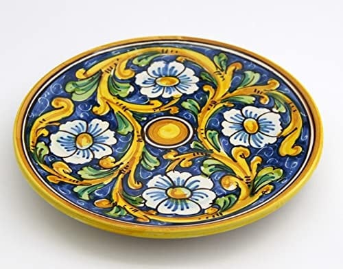 Medium plate in Sicilian ceramic blue yellow green red by santo stefano di camastra hand decorated baroque Art 13