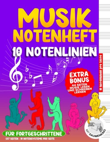 Notenheft für Kinder und Anfänger. 44 Seiten EXTRA BONUS. Noten lesen und schreiben lernen: Notenheft – große Notenlinien: für fortgeschrittene ... Notenpapier | Großer Spiele- und Aufgabenteil