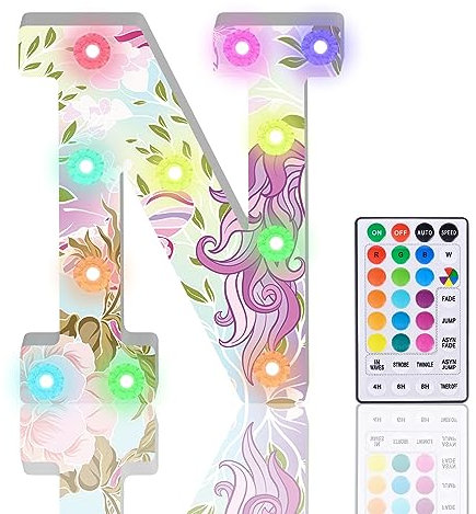 Light Up Letters, Glitter LED Letter Lights 18 Color Changing Diamond Alphabet Sign Night Light with Remote Control for Girls Gifts Birthday Bar Wedding Party Christmas Valentine Wall Table Decor - N