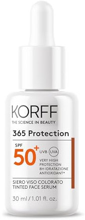 Korff 365 Protection Farbiges Gesichtsserum mit LSF 50+, sehr hoher Sonnenschutz, 8 Stunden Feuchtigkeit, flüssige und gleichmäßige Textur, wasserfest, ohne Parfüm, 30 ml