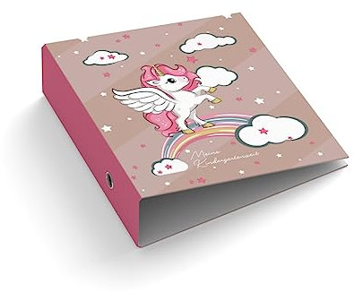 Ringordner | Ordner für Kinder | personalisiert mit Wunschtext | Einhorn auf Regenbogen | Mit Griffloch | für DIN A4 | 7,4 cm breit | Meine Kindergartenzeit