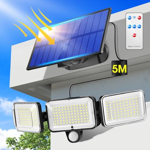 Luces Solares LED Exterior Jardin,224LED/4Modos Focos LED Exterior Solares,3 Cabezas 300°Luz Solar Exterior Jardin,IP65 Telecontrol Farolas Solares Exterior Foco Solar Exterior,Luces Solares Exterior