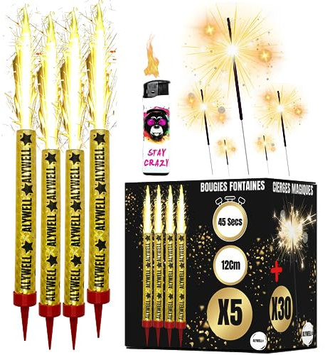 5 Bougie Fontaine 12CM- 45/50 Secondes + 30 Cierge Magique+ 1 Briquet Bougie Anniversaire Fontaine - Feu D Artifice Mariage- Bougies Fontaine - Feu Bengale- Fontaine Lumineuse Gateau -Feu Artifice F1