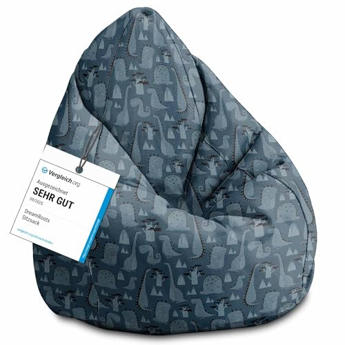 DreamRoots Sitzsack Kinder 80x80x120, Dark Cartoon Style Dinosaur | Bean Bag Kinder mit Lehne, Hocker & Bezug, Sitzkissen Boden, Bubibag, mit Füllung, Kinderzimmer