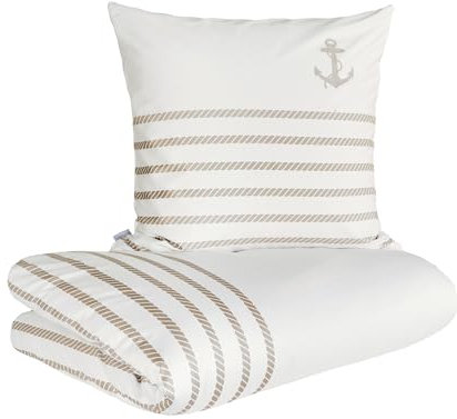 Zeitgeist Cuxhaven Bettwäsche 155x220 cm - 100% Baumwolle, Reißverschluss, 2 TLG Bettwäsche Set Maritim Anker weiß beige