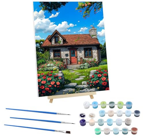 EOBROMD Casa Pintar por Numeros Adultos con Marco, Cuadros para Pintar por Numeros Flores, Lona sin Pliegues Pintura al Colorear por Numeros con Caballete, Decoración del Hogar 30x40cm