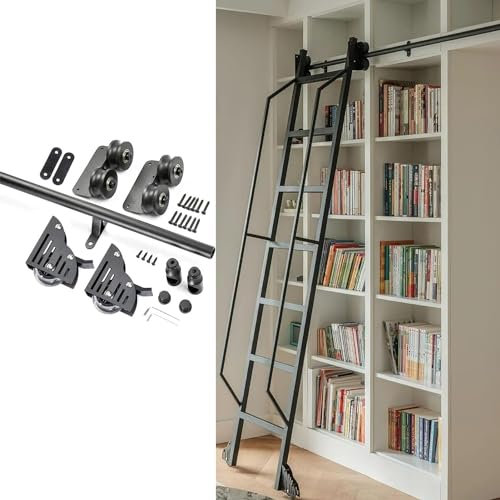 3,3-26,2 Fuß Schiebeleiter-Hardware-Rollschienensatz für Holzleitern (ohne Leiter), Schwarze runde Röhre, Mobile Leiterschiene, kompletter Satz Hardwareschienen, Bremsen an der UNT