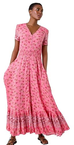 Roman Originals Shirred Empire Waist Dress for Women UK Ladies Midi Maxi Summer Spring Tiered Frill Hem Short Sleeve V Neck Button Through Boho Bohemian Holiday Cruise - Hot Pink - Size 18