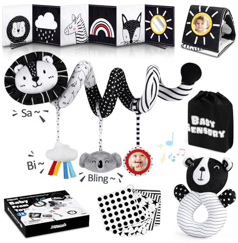 Joyreal Kinderwagen Spielzeug - Schwarz Weiss Spielzeug Baby Stoffbuch, Kontrastbuch Baby, Kontrastkarten Baby, Kontrast Spielzeug Baby, Sensorik Spielzeug, Neugeborenen