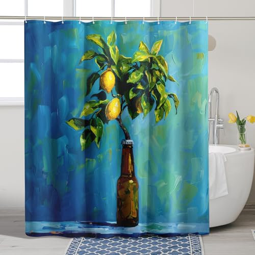 Botanical Shower Curtain, Vibrant Blue Green Lemon Tree Bathroom Decor, Spring Summer Artistic Waterproof Fabric Shower Curtain Set with Hooks 72x72 Inch