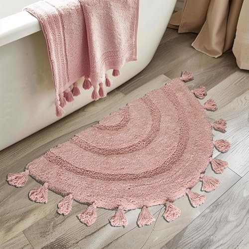 Halbkreis-Boho-Teppich mit Quasten für Schlafzimmer, extra weiche Baumwolle, Blush Pink, Badteppich, schön, handgefertigt, gehäkelt, Boho-Badezimmerteppich, rutschfest, saugfähig, waschbar, niedliche