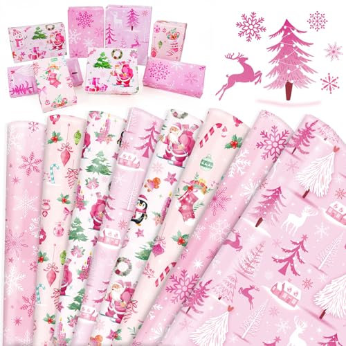 HOWAF 8 Geschenkpapier Weihnachten Rosa, Weihnachts Geschenkpapier, Weihnachtsbaum Schneeflocken Weihnachtsgeschenkpapier, Weihnachtspapier für Geschenkverpackung Weihnachten Deko, 70x50cm