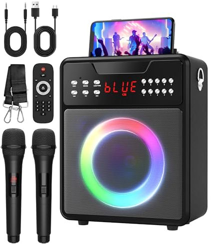 Máquina de karaoke para adultos, altavoz Bluetooth portátil con 2 micrófonos inalámbricos y espectáculo de luces, altavoz de karaoke con graves y agudos, compatible con TWS, USB, FM, REC, AUX in