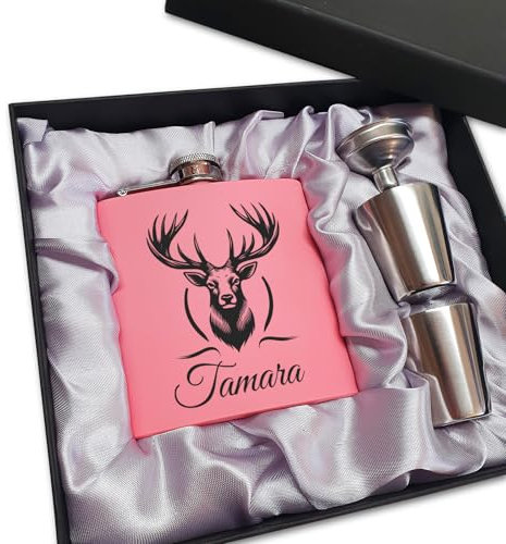 Jägerin Geschenk Rosa Flachmann Hirsch mit Gravur Flachmann Frauen Geschenkidee Bergsteigerin Pink