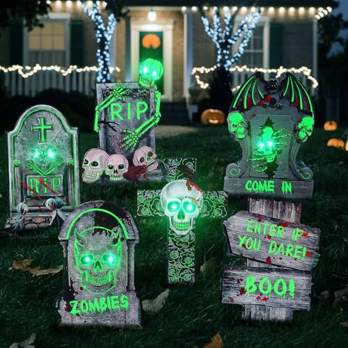 Halloween Deko, 6 Stück leuchtende Grabsteine ​​für den Außenbereich, im Dunkeln leuchtende Dekorationen mit 10 LED Leuchtperlen, Horror Hofschilder für Friedhofs, Garten und Rasenparty Deko