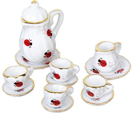 Kalastussaari 15pcs 1/12 Puppenhaus Miniatur Esswarenporzellan Tee Set Dish Tasse Teller Ladybug -Druck, Puppenhaus -Tee -Set