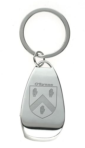 O'BYRNE Irish Family Crest Bottle Opener Keyring - Hand and Chevron Design