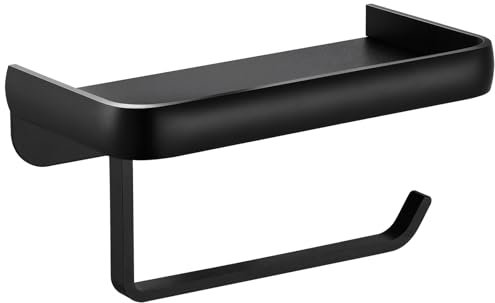 Katezon Toilet Paper Holder with Phone Shelf, Adhesive or Screw Wall Mount Toilet Tissue Roll Holder, Rustproof & Multifunctional Aluminum Bathroom Storage Dispenser (Black)
