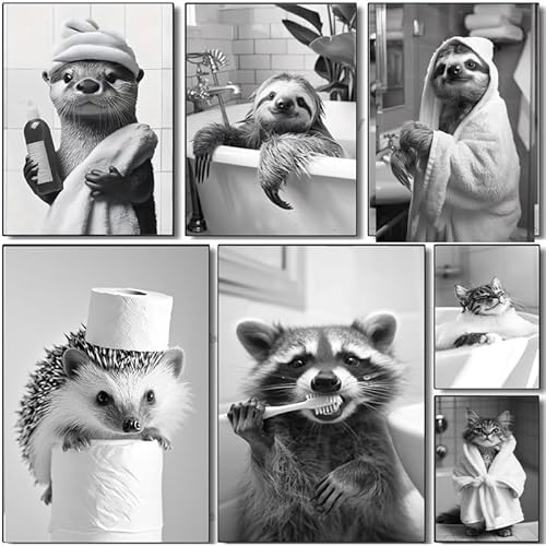 BeiYiHo Bilder Badezimmer Tiere Schwarz Weiß Poster Lustige Tiere Bild Toilette Tier Witzige Bilder für Gäste WC Wandbild Deko Kunstdruck Bad Leinwand Modern