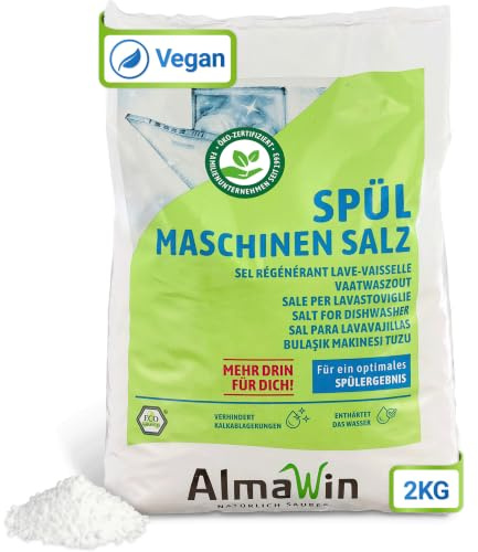 AlmaWin® Spülmaschinen Salz [18x 2kg] zum Schutz vor Kalkablagerungen & Wasserflecken - Geschirrspüler Salz für optimale Spülergebnisse - Regeneriersalz, Spezialsalz - 100% Natürlich, Bio & VEGAN
