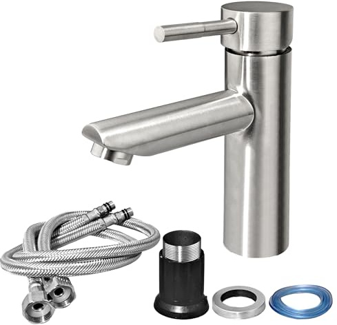 Basin Mixer Tap, Bathroom Sink Mixer Tap, Stainless Steel Basin Taps with UK Standard Hose, Single Lever Hot & Cold Water Sink Taps for Bathroom, Kitchen (Silver)