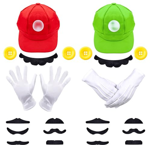 Kitimi Rot/Grün Mütze, Mari/Luigi Kostüm mit Mütze Weißen Handschuhe und Bart, Karneval Cosplay Kostüm für Erwachsene Damen