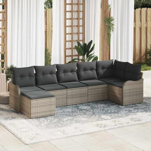 Runheo Gartensofa-Set Grau Poly-Rattan, Modulares Outdoor Loungesofa mit UV-beständigen Kissen, Langlebige Terrassenmöbel für 7 Personen, Wetterfestes Balkonmöbel-Set für Garten und Terrasse