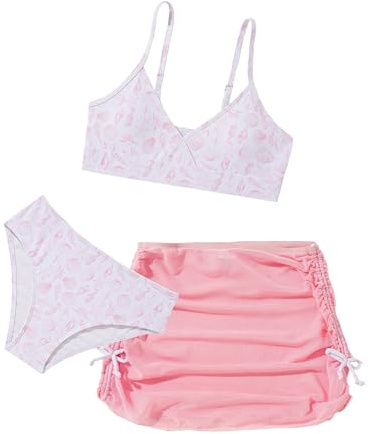 Happy Cherry Ragazze Costumi da Bagno 3 Pezzi Bikini Camisole Top con Gonna Copricostume da Spiaggia Stampa Bambina Costume Nuoto Surf Estivo per 13-14 Anni Rosa Chiaro