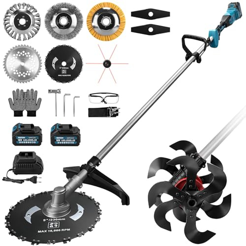 2-In-1 Akku-Bodenhacke Motorhacke und Akku Rasentrimmer mit 2 Akkus | Elektrisch Bodenfräse, 680 U/Min Bürstenloser Elektro Gartenfräse mit Arbeitsbreite 23 cm und Arbeitstiefe 25 cm für Rasen