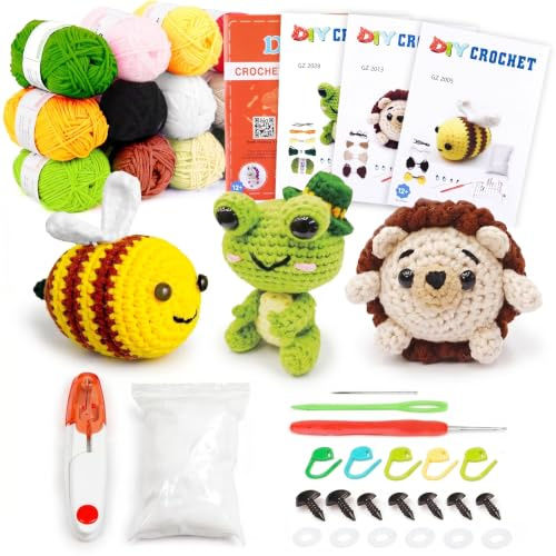 PYOCRD Häkelset für Anfänger mit Videoanleitung, Amigurumi Häkeltiere Set | mit Wolle, Häkelnadeln, Füllung & Zubehör – Biene, Frosch, Igel DIY Häkelspielzeug
