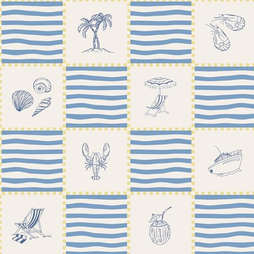 Fiula Coastal Wallpaper Peel and Stick 44cm x 3m – Blue Sea Life Print Self Adhesive Wall Paper, Removable & Waterproof, Beach House Wallpaper for Bathroom, Bedroom & Living Room