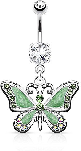 beyoutifulthings Bauch-nabelpiercing 1,6mm 10mm Schmetterling 15,7mm x 19,9mm Nabel-Piercing Chirurgenstahl Bananabell Zirkonia Silber Grün