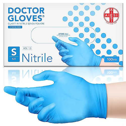 AIESI® Guanti in Nitrile monouso senza polvere azzurri per uso professionale DOCTOR GLOVES (Confezione da 100 pezzi) taglia S