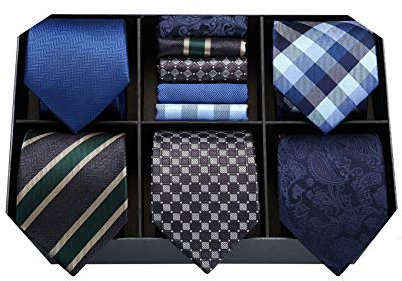 HISDERN Lot 5 Stück Krawatte mit Einstecktuch Set Klassische Krawatten für Herren Hochzeit Party Seidenkrawatte & Taschentuch mit Geschenkbox