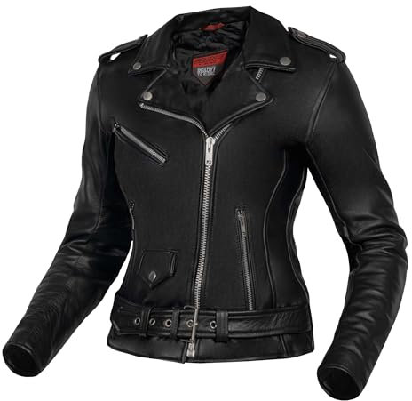 OZONE MOTO Classic Lady Motorradjacke Damen | Leder | Ellbogen und Schulterprotektoren | 5 Taschen | Taille Anpassung