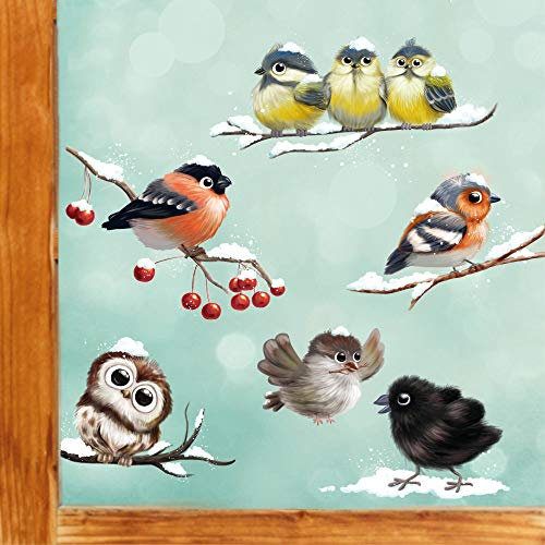 Wandtattoo Loft Fensterbilder Weihnachten mit winterlichen Vögeln – Wiederverwendbar – A4 Bogen, 6 Vogelmotive – Weihnachstdeko Fenster Kinderzimmer, Weihnachtsbilder Fenster, Fensterbild Winter