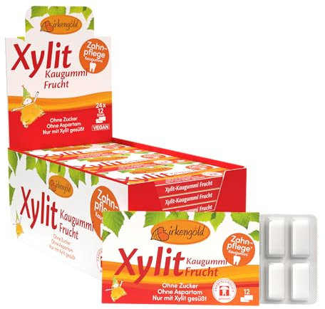 Xylitol Goma de mascar fruta, chicles dentales, 100% sin azúcar, caja de 24 blisters (12 piezas por blister), sin aspartamo, vegetariana, amigable con los dientes