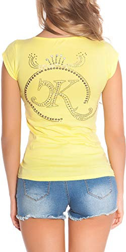 Koucla Shirt Top T-Shirt mit Strass, Nieten und Schleife (Gelb)