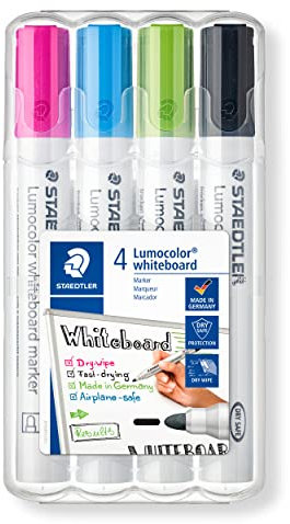 STAEDTLER Whiteboard Marker Lumocolor, trocken und rückstandsfrei abwischbar von Whiteboards, Rundspitze, ca. 2 mm Linienbreite, hohe Qualität, Set mit 4 Farben, 351 WP4-1
