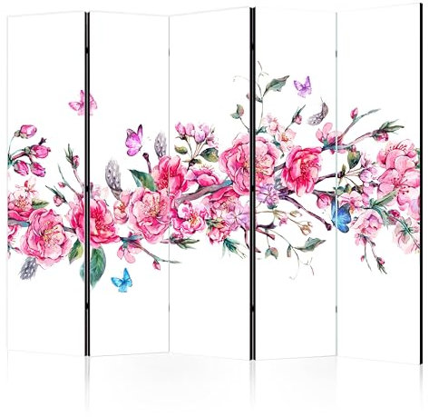 murando Raumteiler Foto Paravent rosa Blumen 225x172 cm beidseitig auf Vlies-Leinwand Bedruckt Trennwand Spanische Wand Sichtschutz Raumtrenner Natur Schmetterlinge Blätter AST