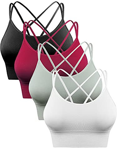 Sykooria Sport BH Damen Gepolstert Bustier Damen BH ohne Buegel Spaghettiträger Cross Back Design Push up BH Sport Bra Top für Yoga Fitness, Schwarz+Weinrot+Grün+Weiß L