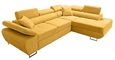 Robin Saturn Premium Ecksofa Schlaffunktion Bettkasten Verstellbare Kopfstützen Kissen Sofa L-Form Schlafsofa Freistehende Eckcouch Schlafcouch Wohnzimmermöbel Wohnlandschaft Rechts Senfgelb