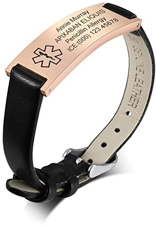 PJ JEWELLERY Personalised Medical Alert Bracelet for Women - Customised Genuine Leather Strap Stainless Steel Medic ID Wristband Identification SOS Adjustable, Rose Gold/Black