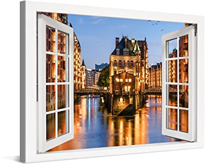 PICANOVA – Premium Leinwanddruck – Leinwandbild Hamburg Speicherstadt Panorama im Fenster 120x80cm – Kunstdruck Auf 2cm Holz-Keilrahmen Für Schlaf- Und Wohnzimmer – Kollektion Deutschland